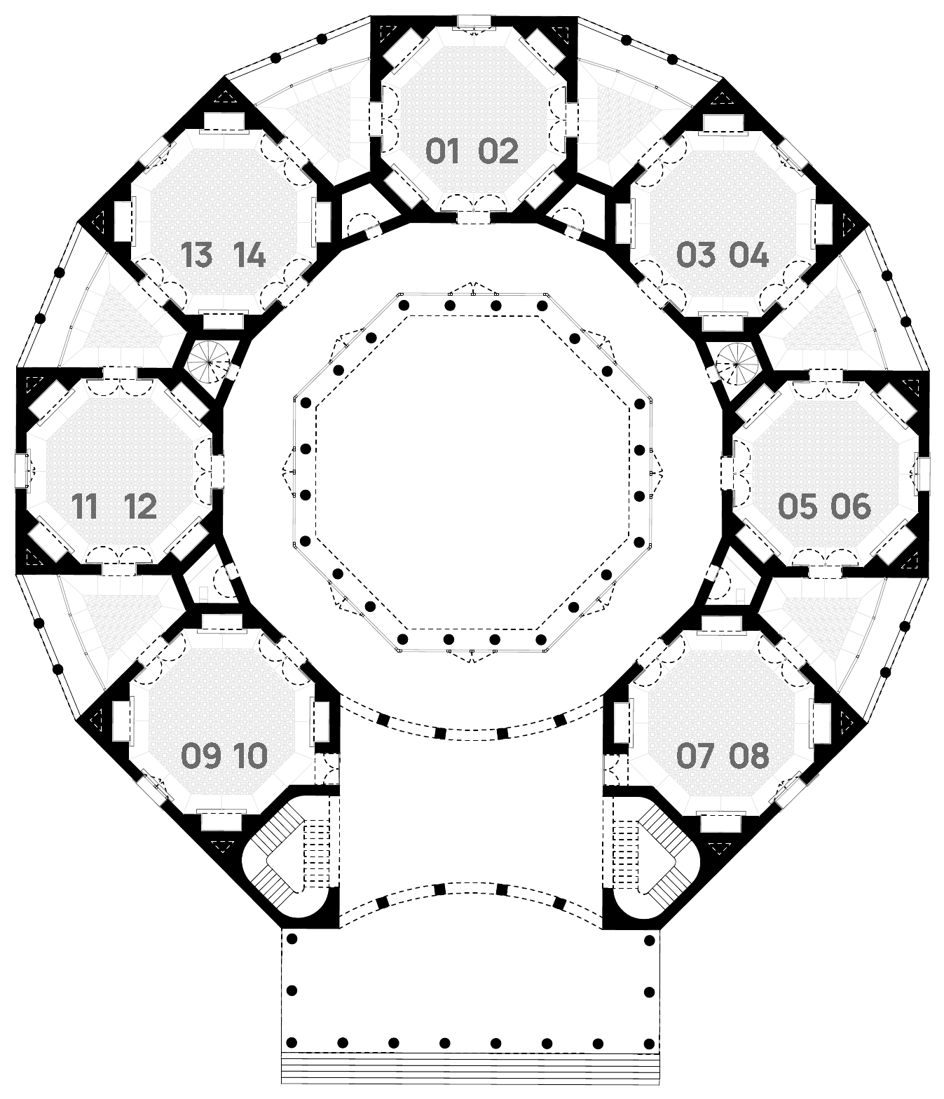 Plano arquitectónico del Centro Cultural Sombra: hall central octogonal rodeado de 7 salas de exposición, cada una dividida en dos espacios, con vestíbulo de entrada en la parte inferior.